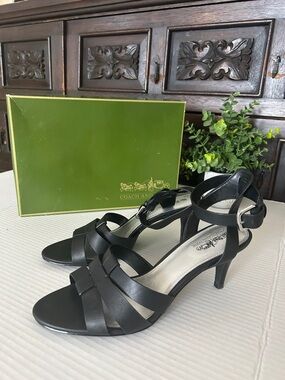 Coach Black Leather Strappy Ankle‑Buckle Heels with Mid Heel